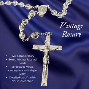 Vintage Crystal Rosary Necklace 21” Faceted Beads Silver Tone Crucifix Mary